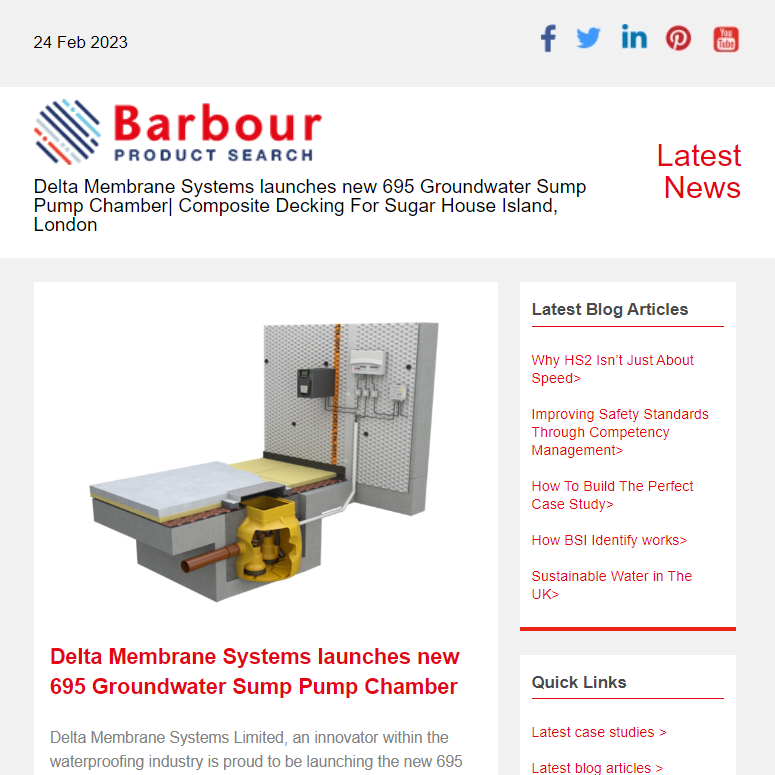Delta Membrane Systems launches new 695 Groundwater Sump Pump Chamber| Composite Decking For Sugar House Island, London