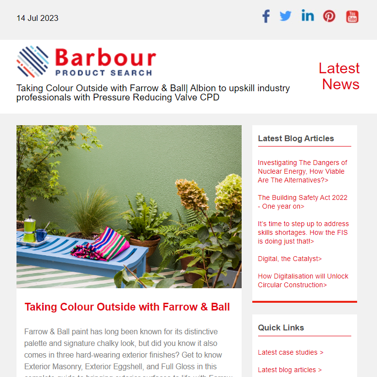 Taking Colour Outside with Farrow & Ball| Albion to upskill industry professionals with Pressure Reducing Valve CPD